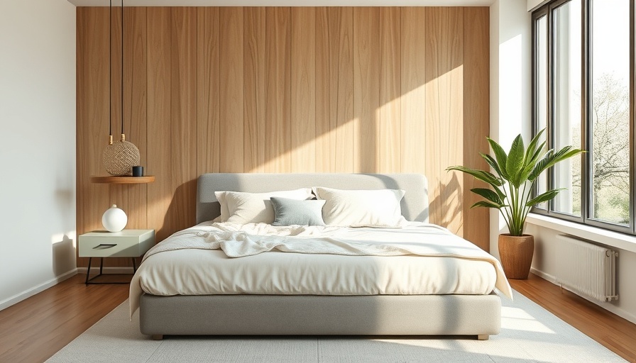 Modern bedroom with cozy vegan mattress, neutral tones, large windows.