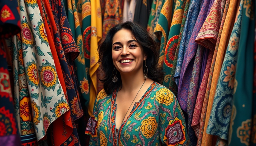 Smiling woman with colorful vegan clothing in vibrant patterns