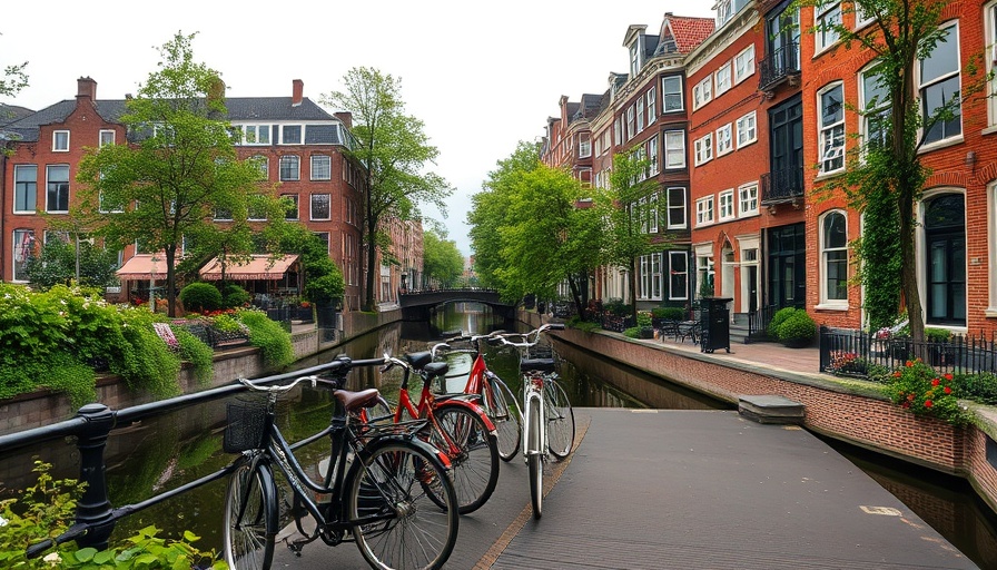 Vegan-friendly city scene with bicycles by a canal.