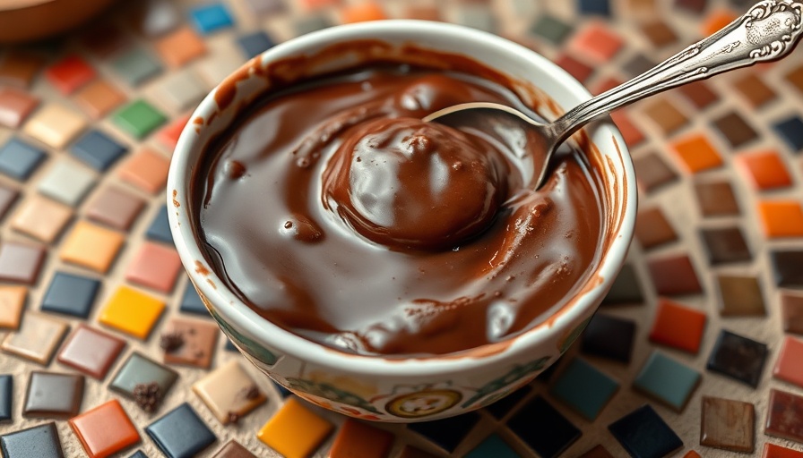 Delicious vegan chocolate dessert in a white bowl, vibrant mosaic tiles