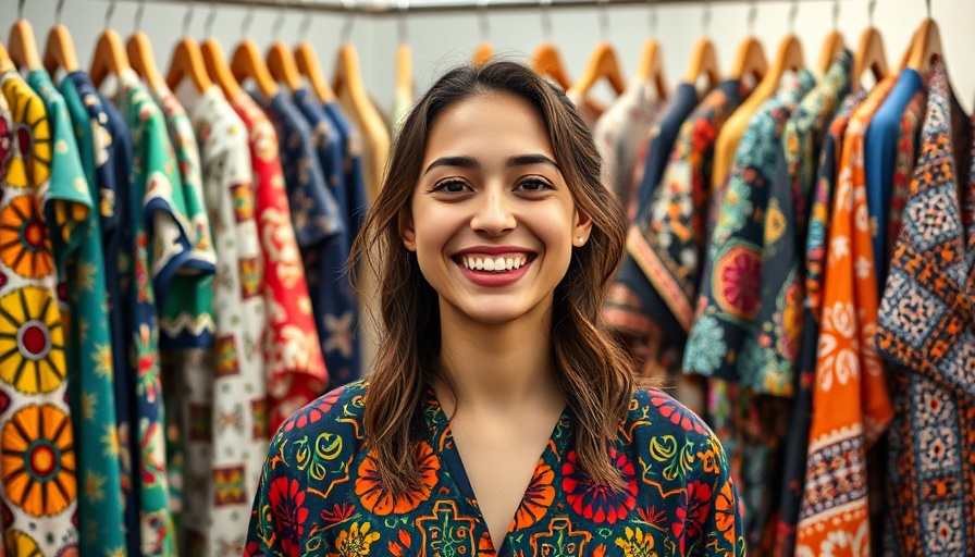 Vibrant vegan clothing display in a shop with woman smiling