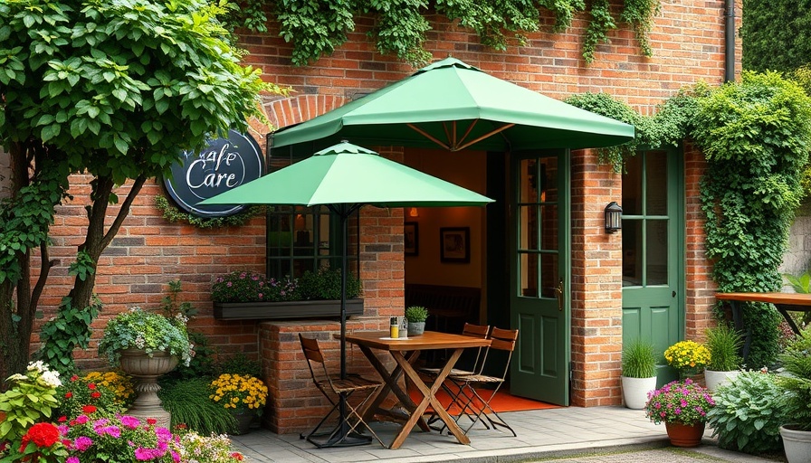 Charming brick cafe exterior with green umbrella, wooden table and chairs, colorful flowers, and inviting entry.