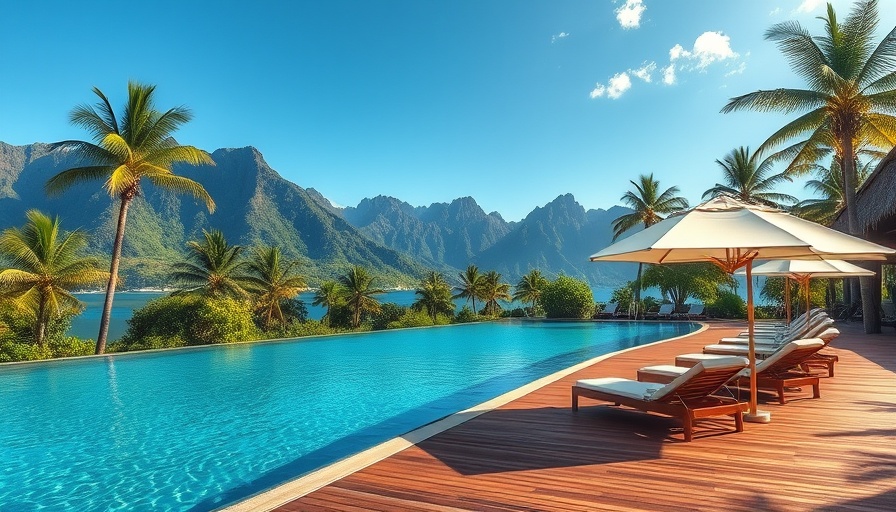 Vegan resort poolside view with mountains and lush greenery.