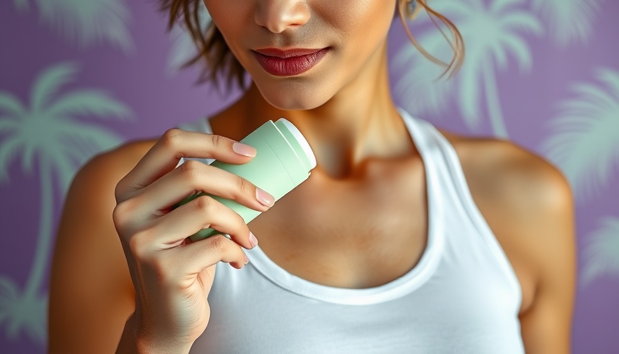 Close-up of a person using a sustainable deodorant with a purple palm background.