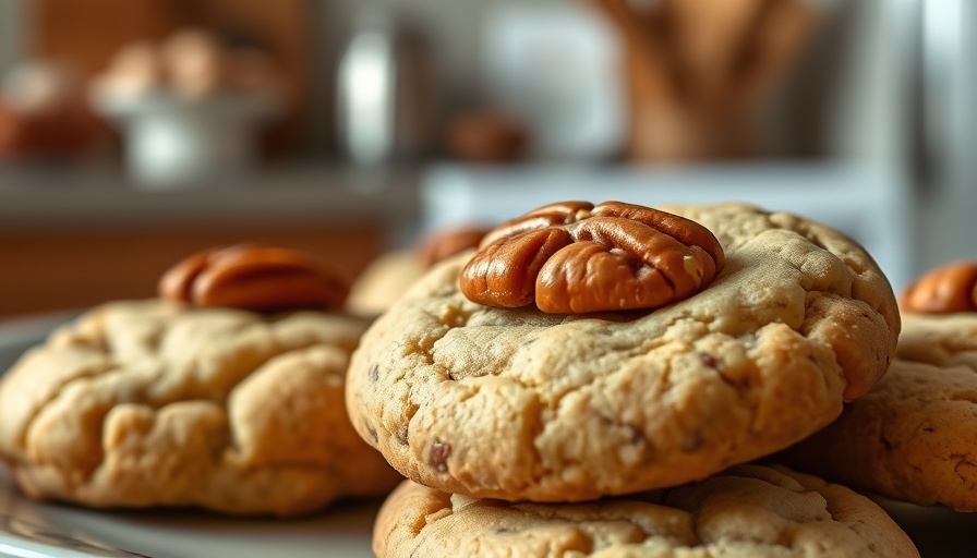 Golden-brown vegan butter pecan cookies with pecans on top.
