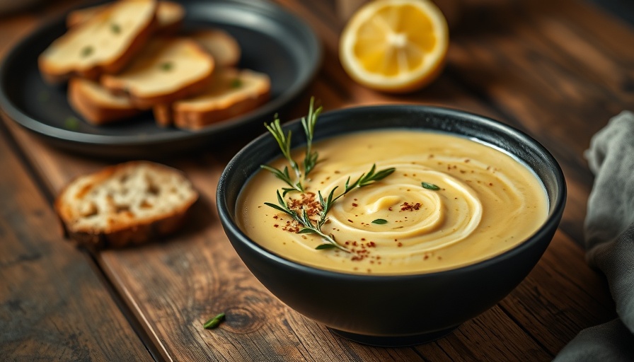 Creamy vegan roasted cauliflower soup in black bowl with herbs.