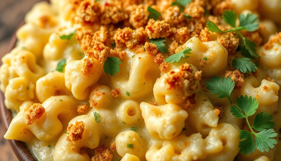 Vegan cauliflower mac and cheese close-up with breadcrumbs.