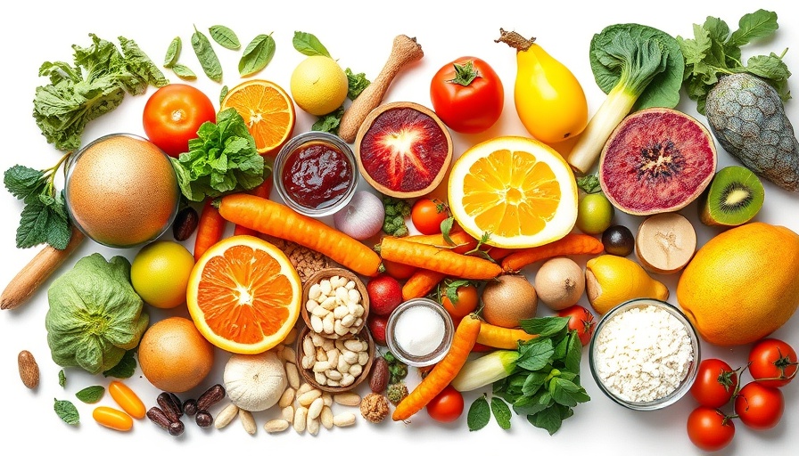 Colorful vegan nutrition tips display with fruits, veggies, and supplements.
