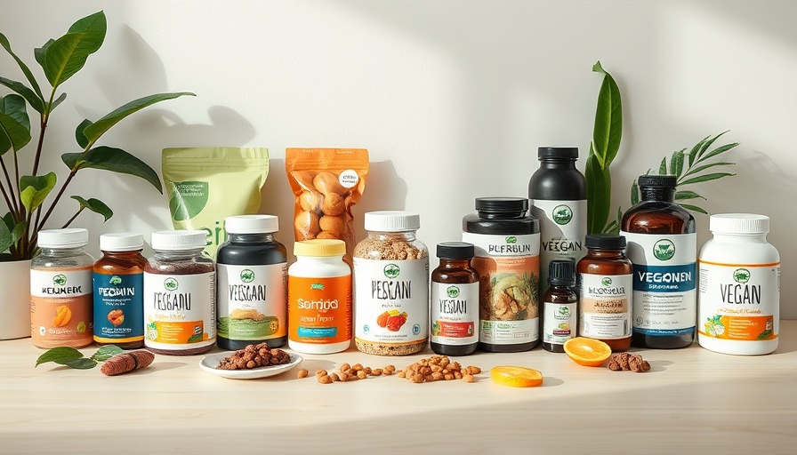 Vegan supplements neatly arranged on a wooden surface.