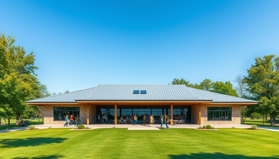 Crowd at modern Willard Park clubhouse on sunny day