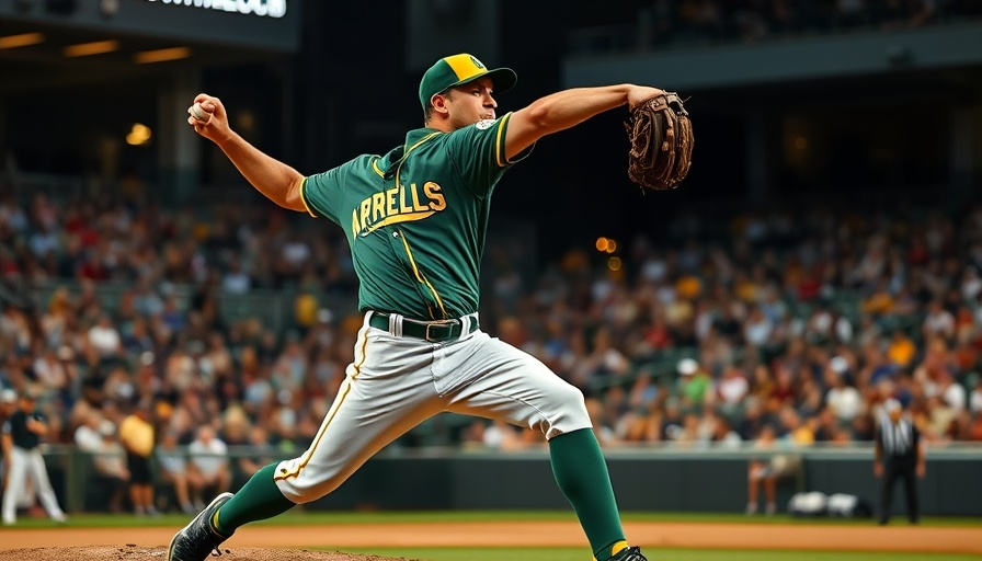 Baseball pitcher in mid-throw during night game, Mason Miller trade rumors.