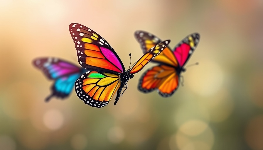 Colorful butterflies under soft lighting in a dreamy setting.