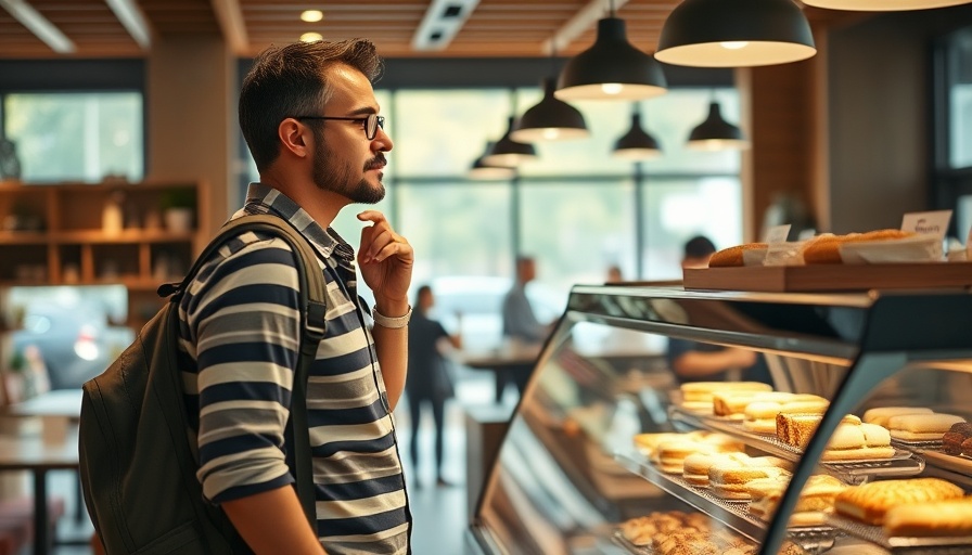 Man in cafe examining bakery display, modern interior, digital advertising for local businesses.