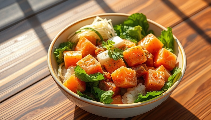 Colorful Tokyo Fish Market poke bowl with salmon and greens.