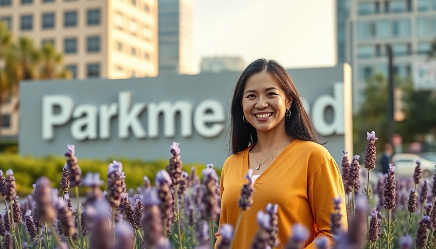 Confident woman at Parkmerced with lavender flowers, urban setting.