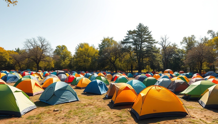 Ohlone Park encampment eviction with scattered tents and handmade structures under bright sun.