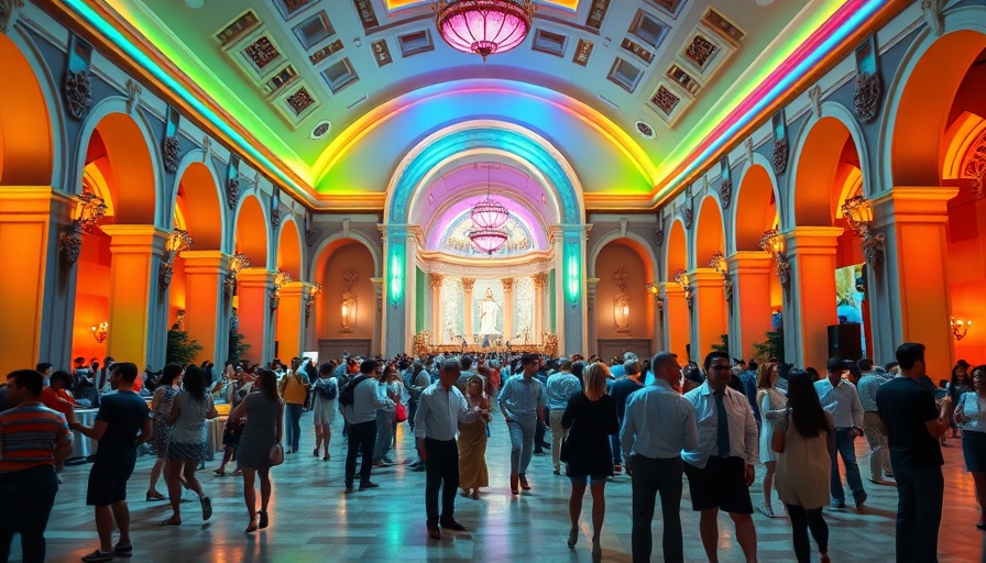 Chic evening event in San Francisco hall with vibrant lighting.