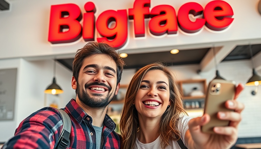 Young couple takes selfie under Bigface Coffee sign.