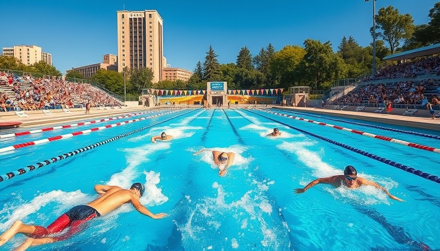 Berkeley men’s aquatics event with swimmers and cheering crowd