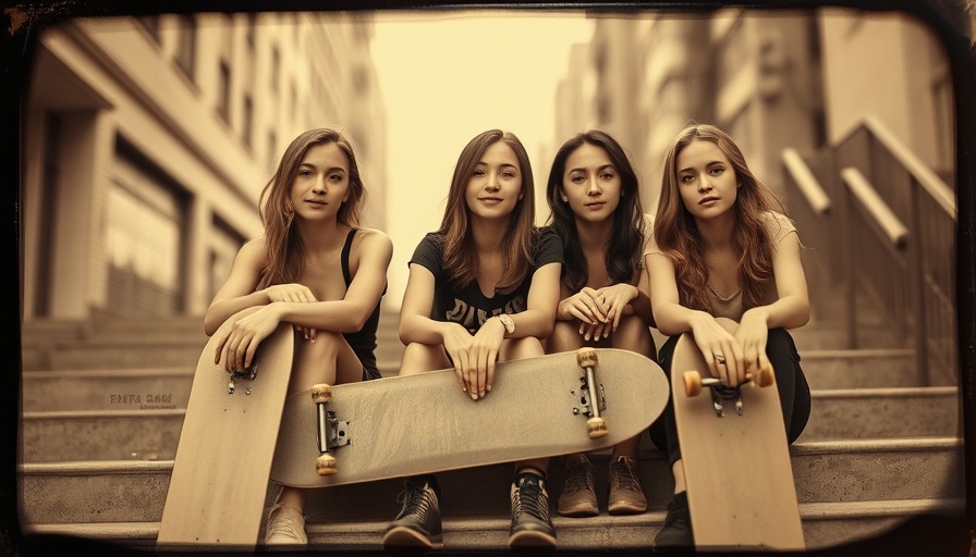 Sepia-toned tintype portrait of modern skater girls holding skateboards.