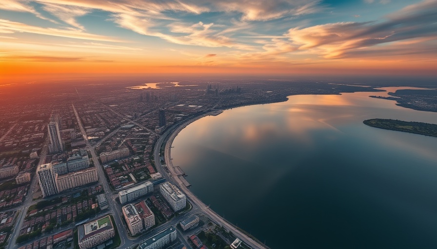 Aerial view of Oakland at sunset with skyline and lake.