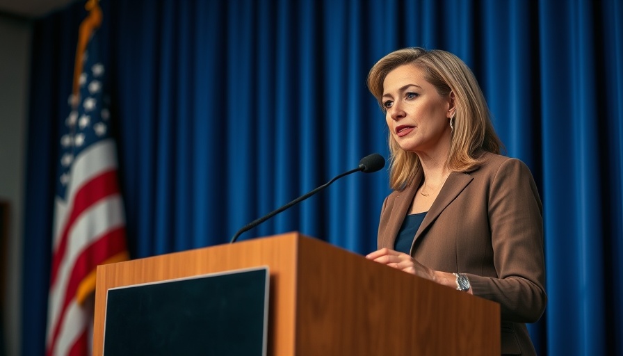 Confident woman at podium, American flag, speech setting