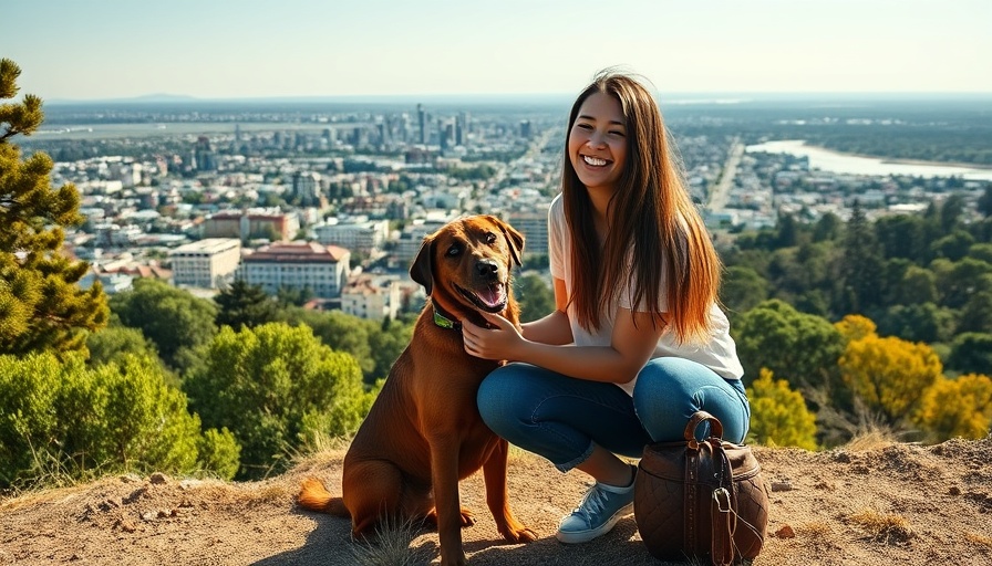 Woman and dog overlooking Oakland skyline on a sunny day.