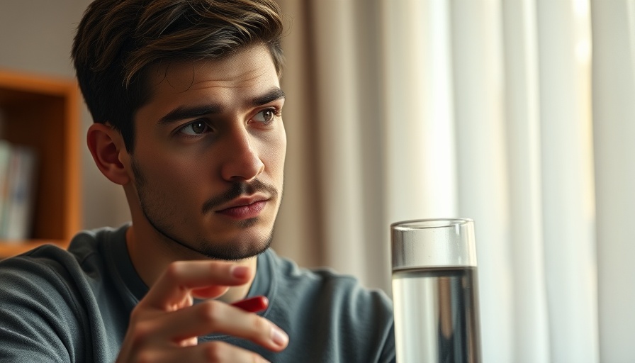 Young man contemplating with red pill and glass of water, indoors.
