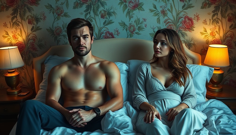 Sophie Brooks Oh Hi movie review scene: couple in bed with floral wallpaper.