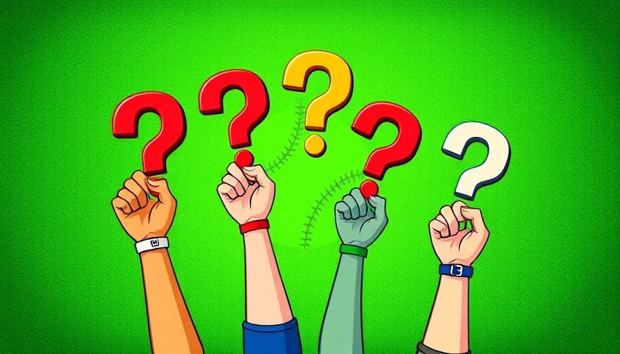 Colorful sports quiz illustration with question marks and baseball.
