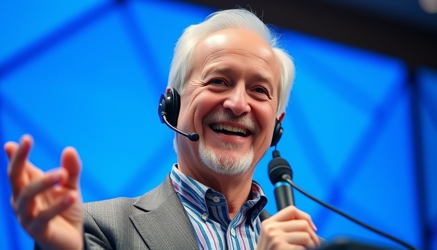 Elderly man speaking at a conference with a blue background.