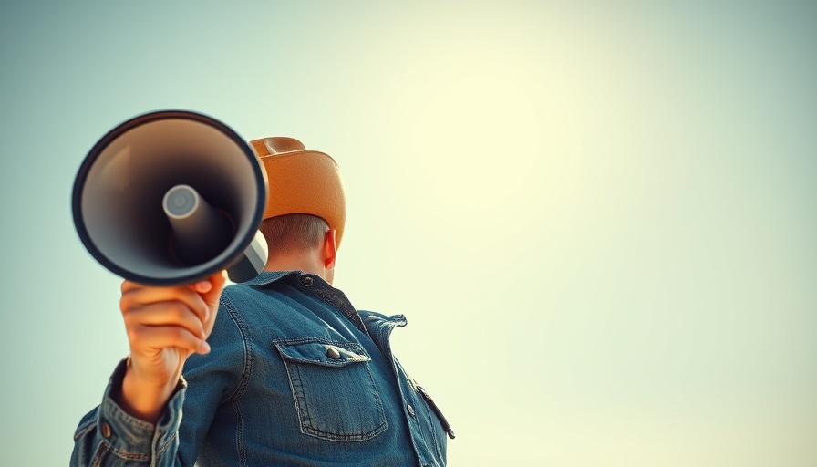 Person with a cowboy hat using a megaphone, empowered under blue sky.