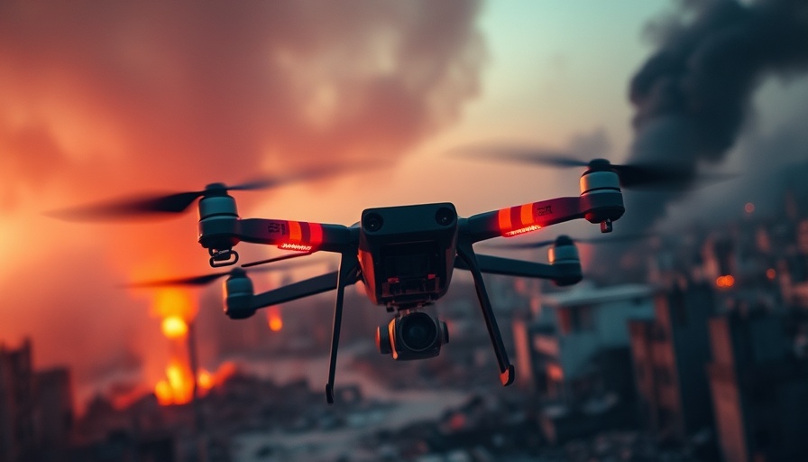 Thermal drone in disaster response surveying site with smoke.
