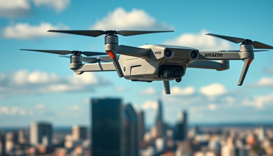 Amazon drone delivery paused mid-flight against cityscape.