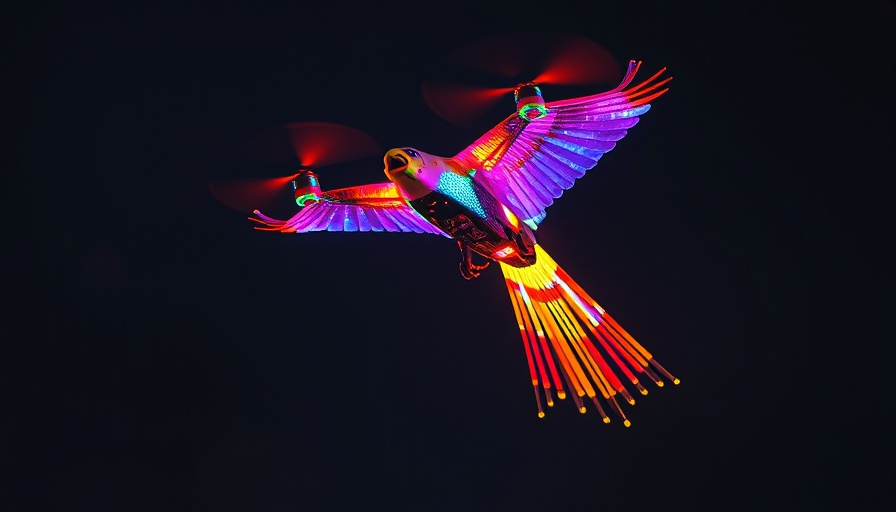 Drone light show displaying colorful bird formation at amusement parks and casinos.