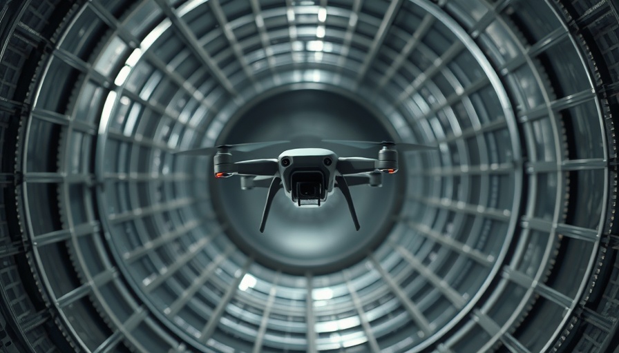 Drone navigating a cylindrical air duct in industrial environment.