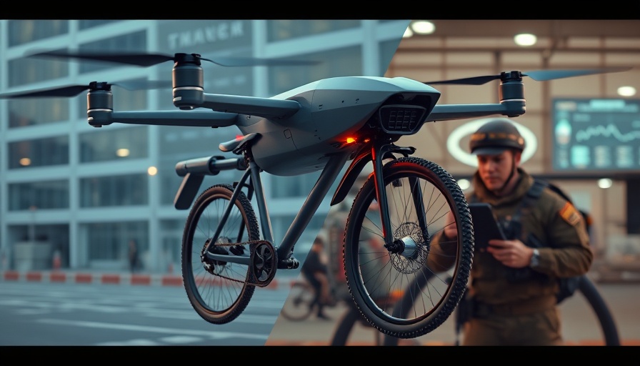 Drone delivery in military operations: drone carries bike, soldier analyzes screen.