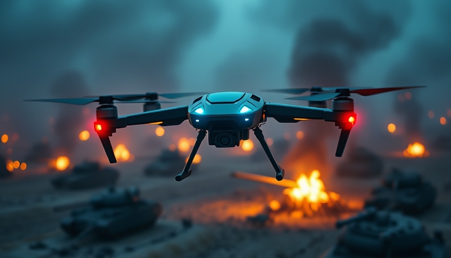 Futuristic drone with bat-inspired AI over a battlefield scene.