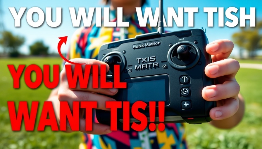 Radio Master TX15 Max remote in park setting with bold text.
