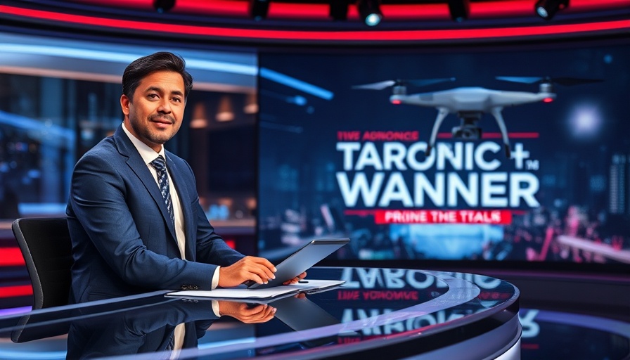 Insta360 Drone News: Presenter at modern news desk discussing new drone technology.