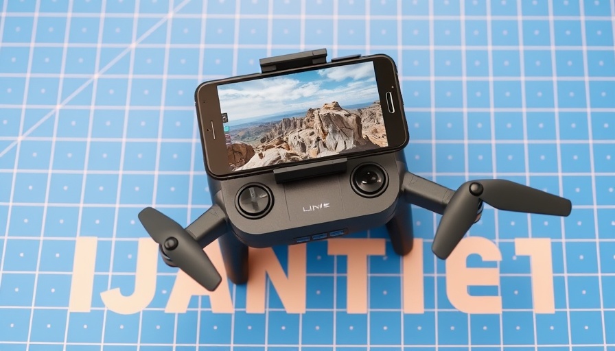 Drone controller showcasing drone footage techniques on blue background.