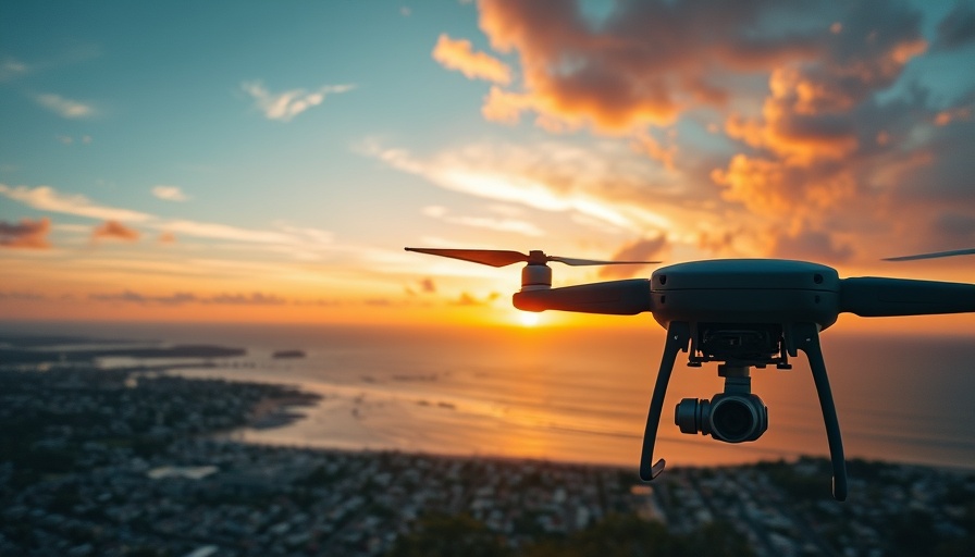 Drone shots for vacation capturing a vibrant sunset over a coastal cityscape.