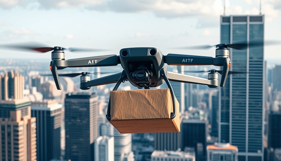 Drone in BVLOS operations over city, carrying package.