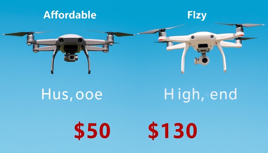 Comparative display of affordable vs. high-end drones against sky.