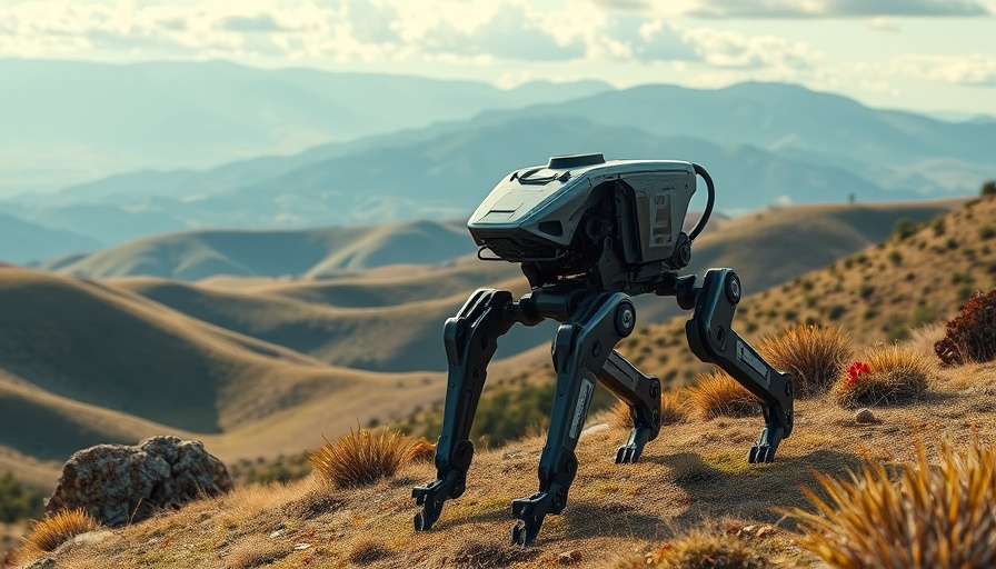 Advanced robot patrolling nature with mountains; robotic security solutions.