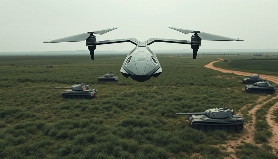 Futuristic drone flies over field with old tanks; showcasing drone swarm technology.