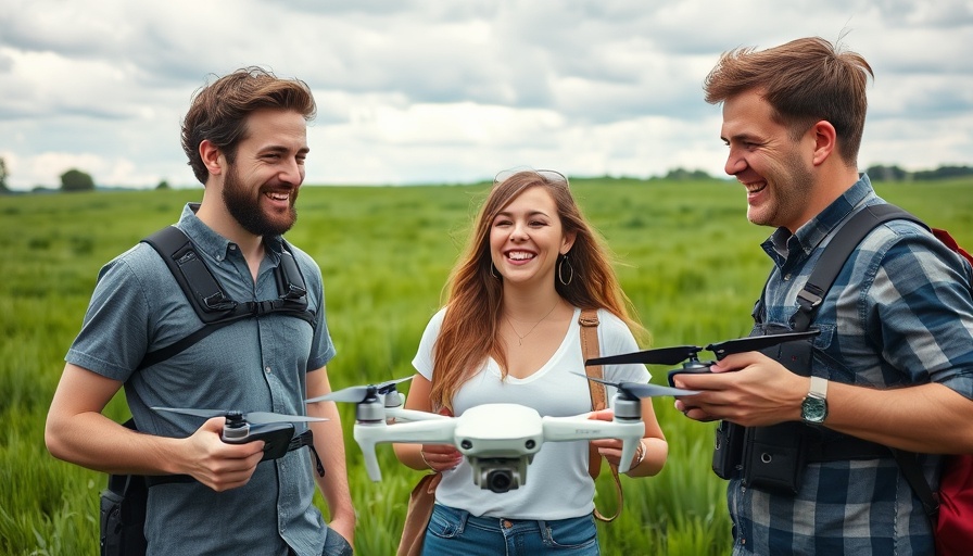 Importance of community in drone hobby displayed by smiling enthusiasts in a field.