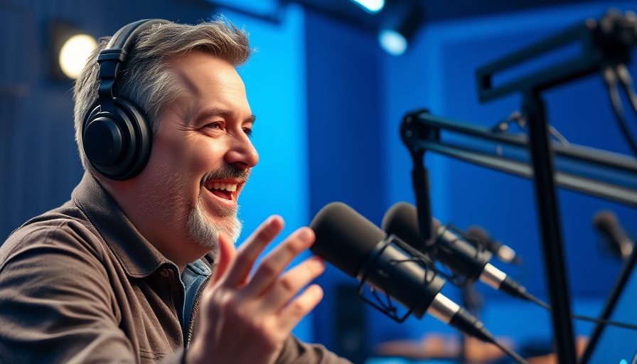 Male host in a blue-lit studio discussing drone technology innovations.