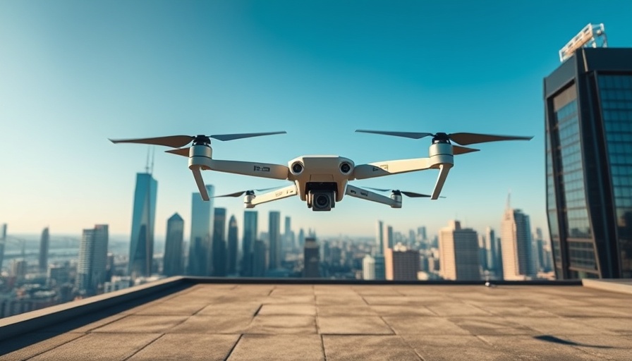 FAA BVLOS Drone NPRM: Futuristic drone stations on a rooftop with city skyline.