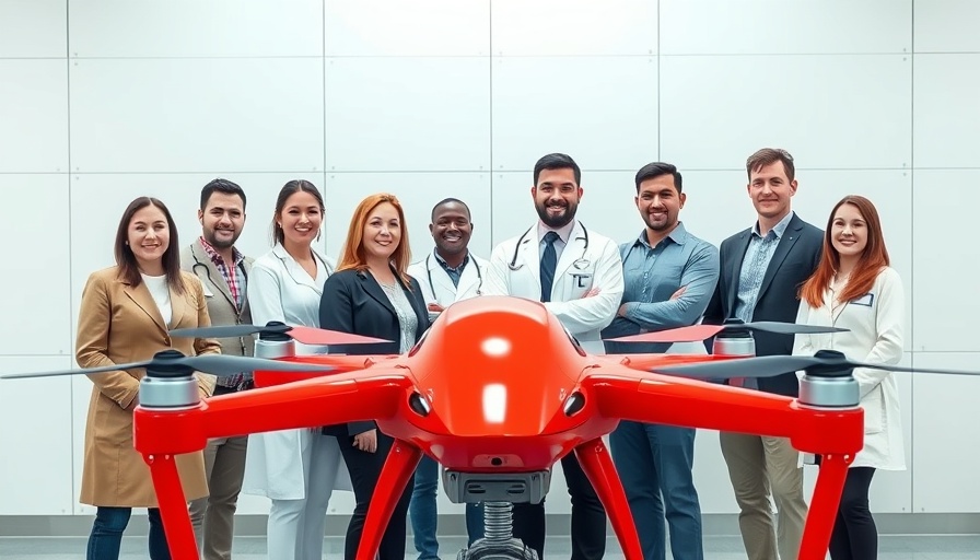 Team with red medical drone emphasizing technological innovation.